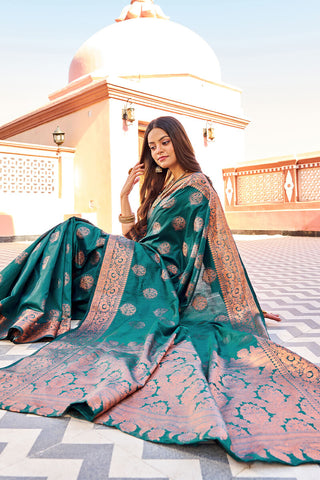 Flameboyant Rama Banarasi Silk Saree With Prettiest Blouse Piece Bvipul