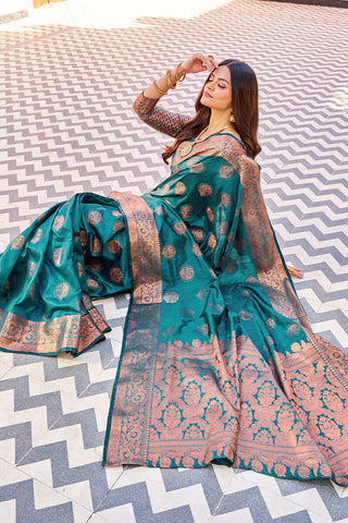 Flameboyant Rama Banarasi Silk Saree With Prettiest Blouse Piece Bvipul