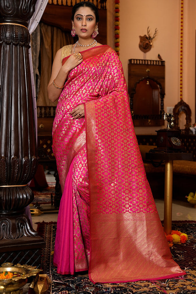 Stunning Dark Pink Kanjivaram Silk With Eloquence Blouse Piece Bvipul