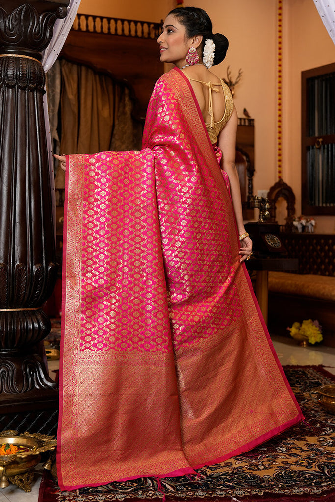 Stunning Dark Pink Kanjivaram Silk With Eloquence Blouse Piece Bvipul