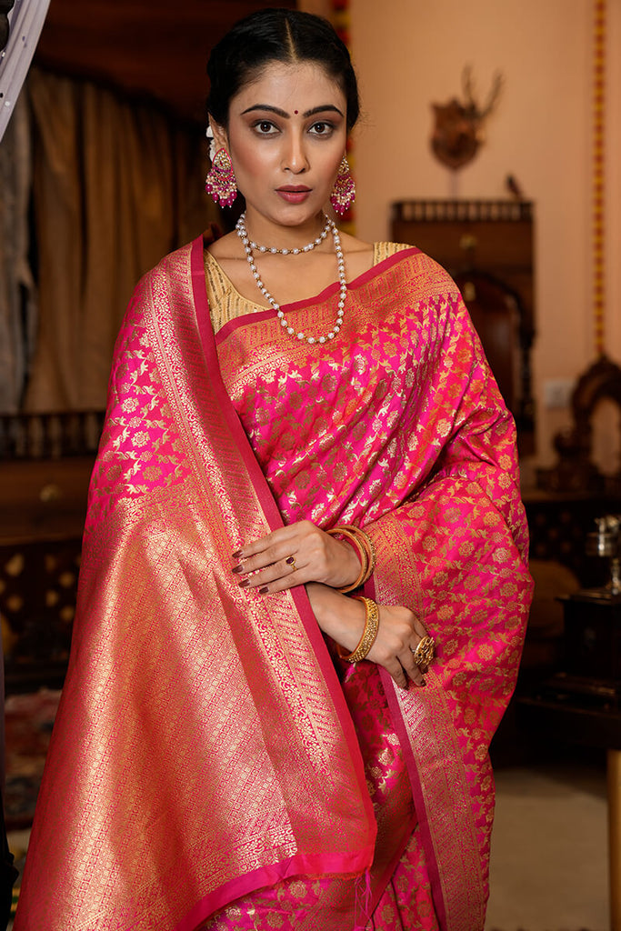 Stunning Dark Pink Kanjivaram Silk With Eloquence Blouse Piece Bvipul