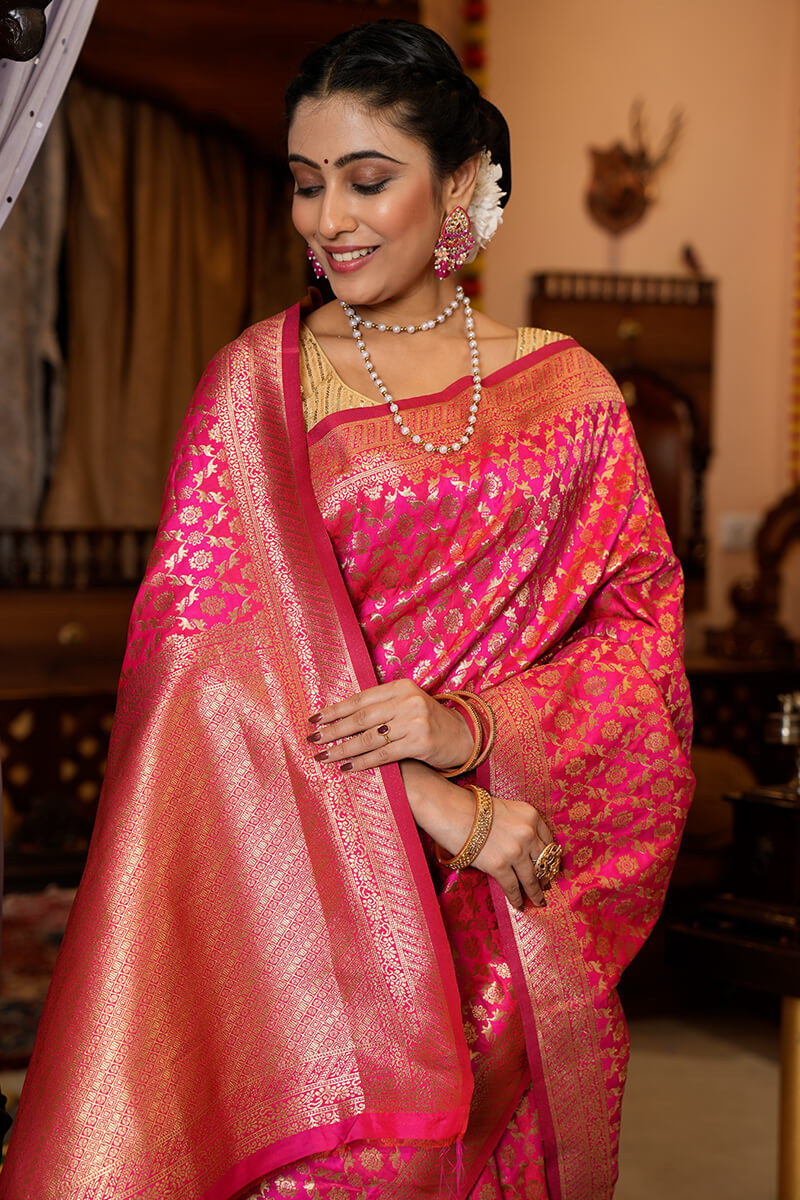Stunning Dark Pink Kanjivaram Silk With Eloquence Blouse Piece Bvipul
