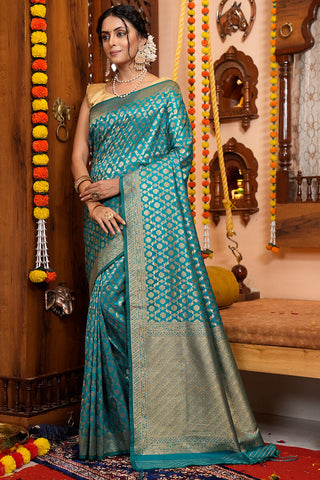 Elegant Firozi Kanjivaram Silk With Trendy Blouse Piece Bvipul