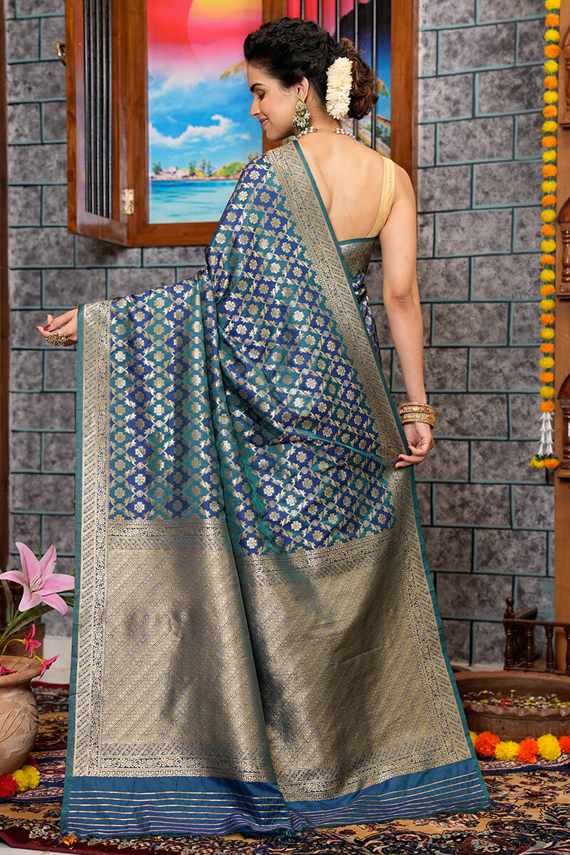 Gleaming Navy Blue Kanjivaram Silk With Ratatouille Blouse Piece Bvipul