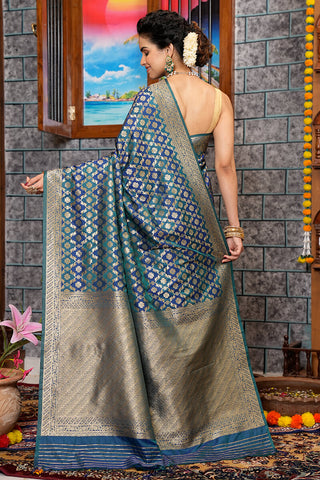 Gleaming Navy Blue Kanjivaram Silk With Ratatouille Blouse Piece Bvipul