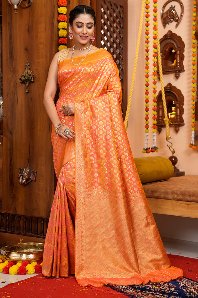 Attractive Orange Kanjivaram Silk With Woebegone Blouse Piece Bvipul