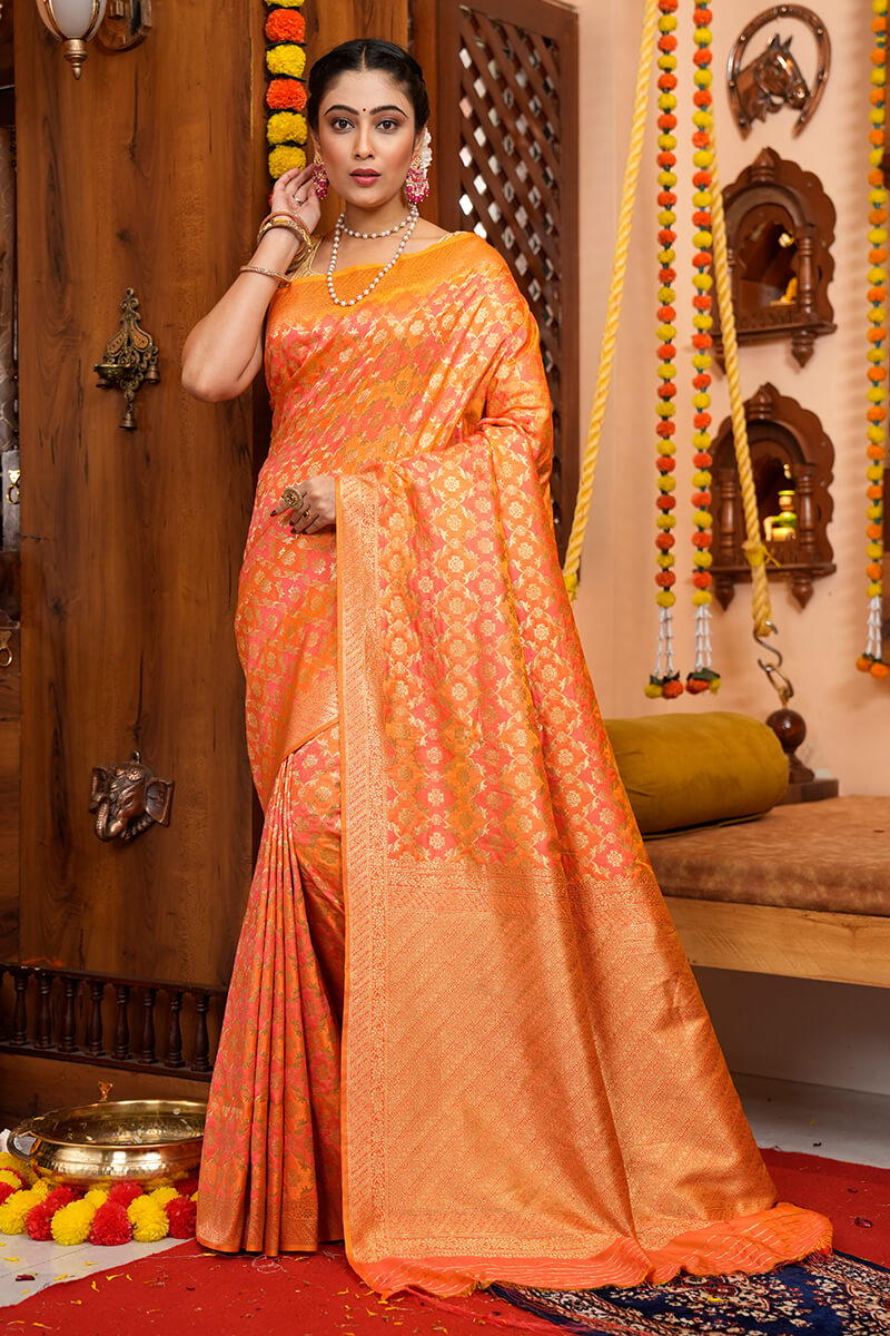 Attractive Orange Kanjivaram Silk With Woebegone Blouse Piece Bvipul Main image