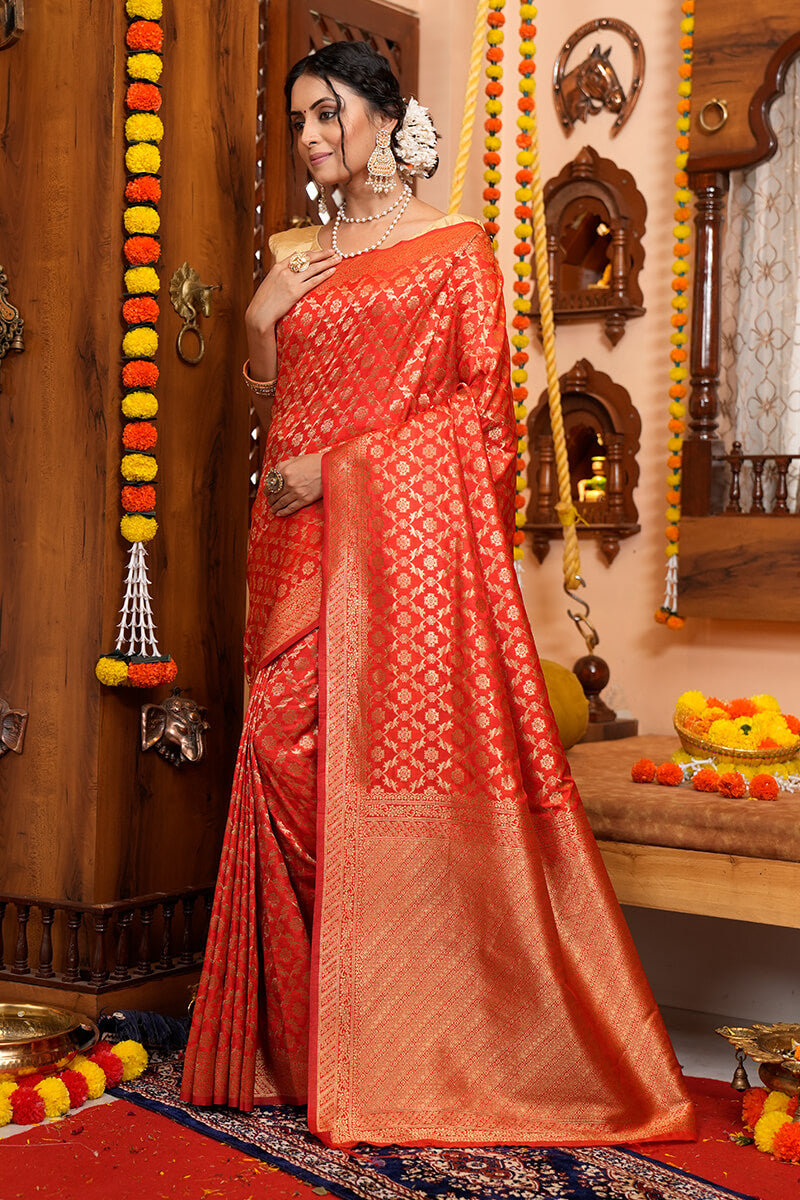 Gorgeous Red Kanjivaram Silk With Tempting Blouse Piece Bvipul