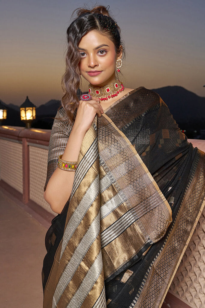 Buy online Soft Silk Saree With Checks Gold Zari Woven & Rich Pallu - Black -AF1652