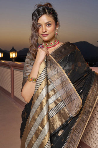 Transcendent Black Soft Silk Saree with Magnificat  Blouse Piece Bvipul