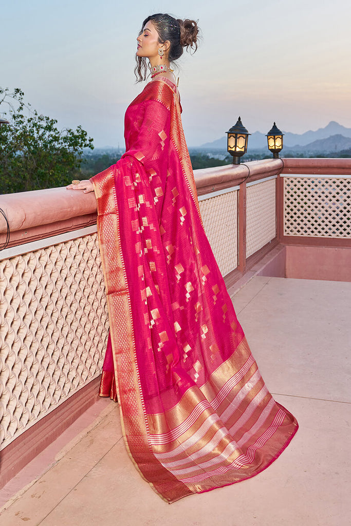 Blush Pink Gadwal Silk Saree with Dark Brown Border and Pallu | Bengal Looms