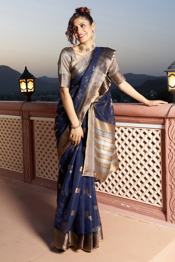 Elaborate Navy Blue Soft Silk Saree with Classic Blouse Piece Bvipul