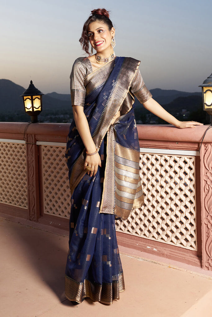 Elaborate Navy Blue Soft Silk Saree with Classic Blouse Piece Bvipul