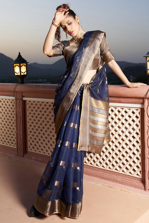 Elaborate Navy Blue Soft Silk Saree with Classic Blouse Piece Bvipul