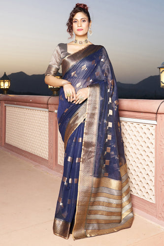 Elaborate Navy Blue Soft Silk Saree with Classic Blouse Piece Bvipul