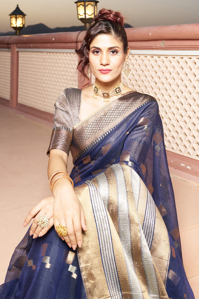 Elaborate Navy Blue Soft Silk Saree with Classic Blouse Piece Bvipul