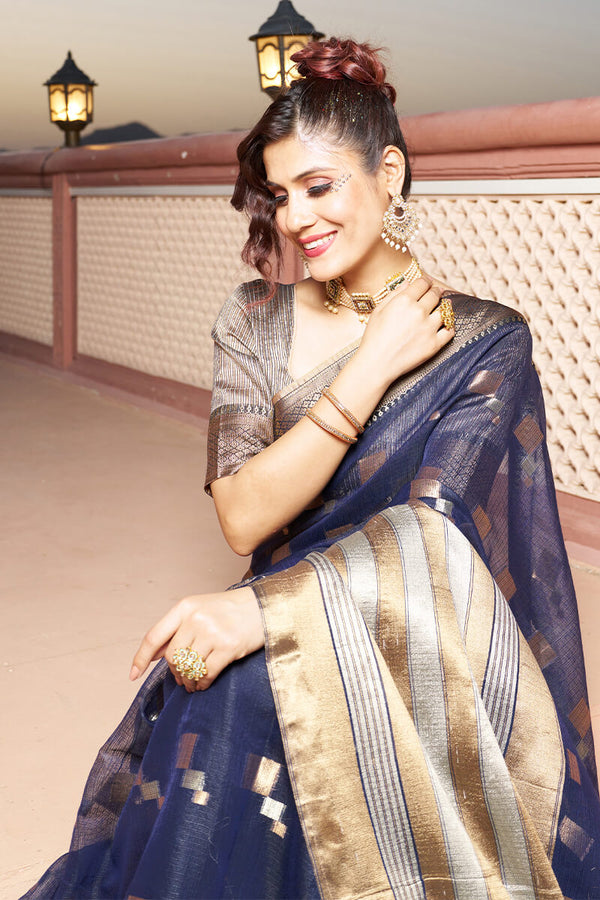 Elaborate Navy Blue Soft Silk Saree with Classic Blouse Piece Bvipul