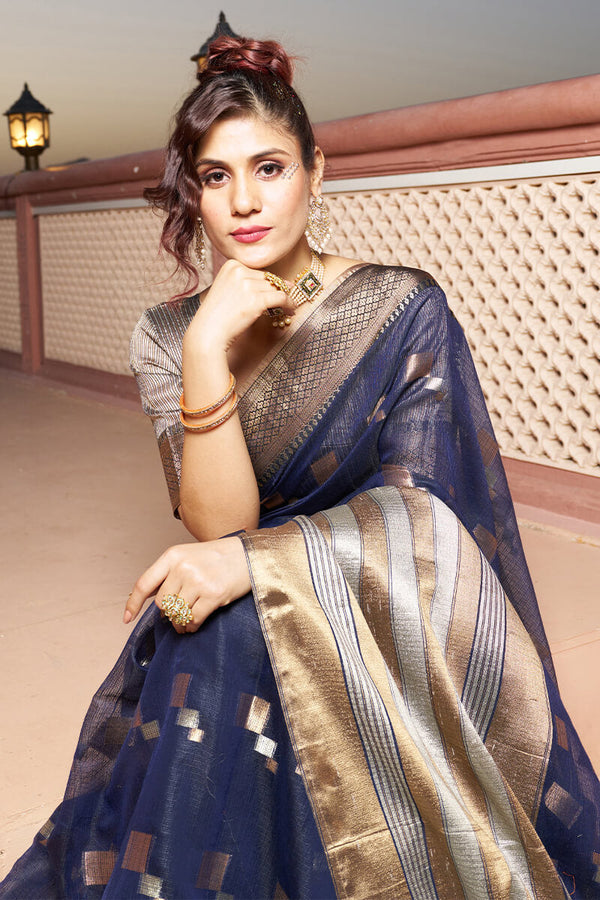 Elaborate Navy Blue Soft Silk Saree with Classic Blouse Piece Bvipul
