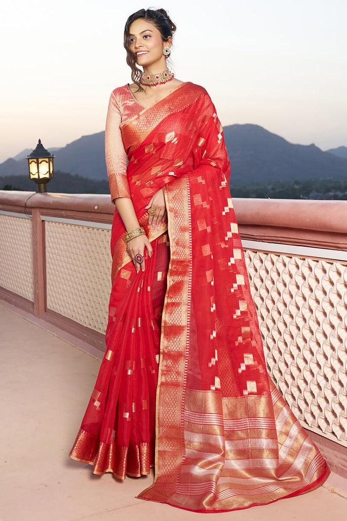 Unequalled Red Soft Silk Saree with Ideal Blouse Piece Bvipul