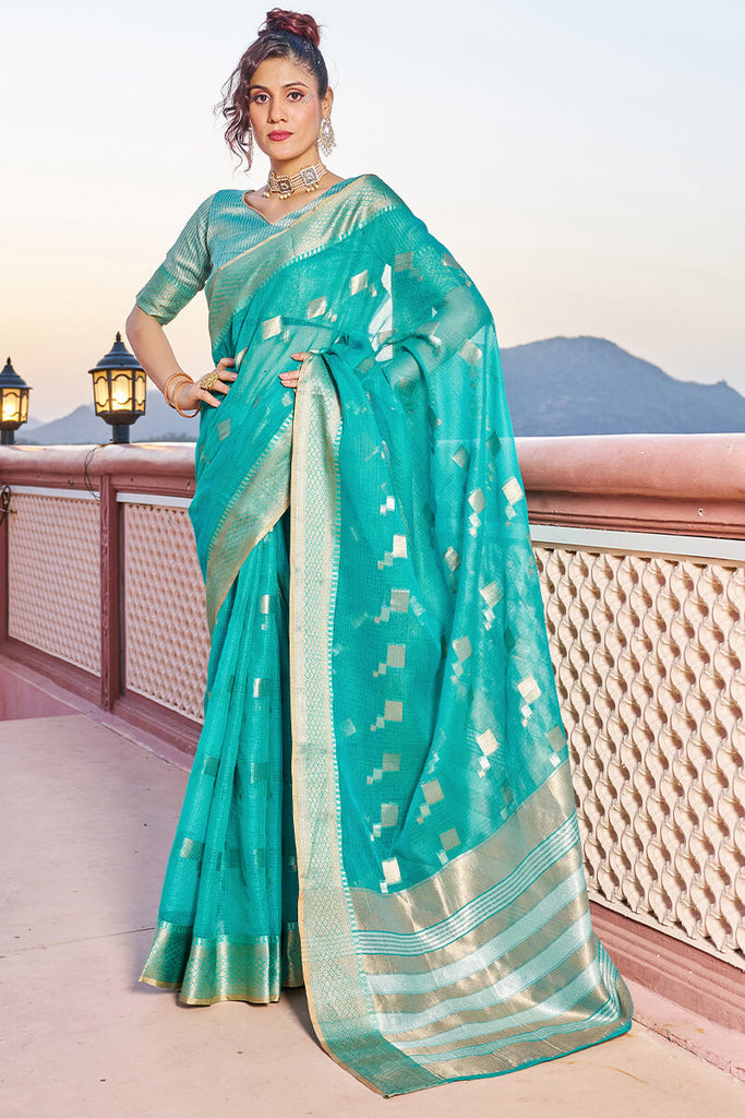 Glittering Turquoise Soft Silk Saree with Conflate Blouse Piece Bvipul