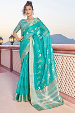 Load image into Gallery viewer, Glittering Turquoise Soft Silk Saree with Conflate Blouse Piece Bvipul