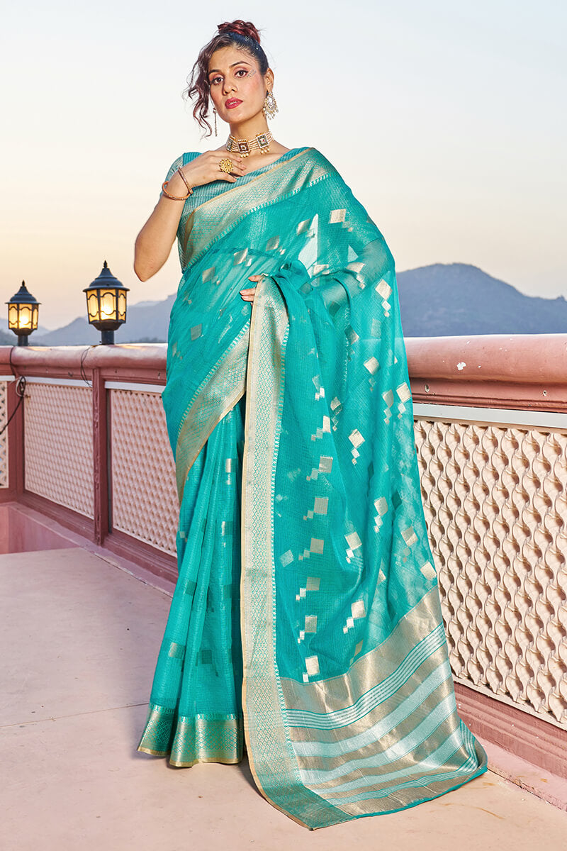 Glittering Turquoise Soft Silk Saree with Conflate Blouse Piece Bvipul