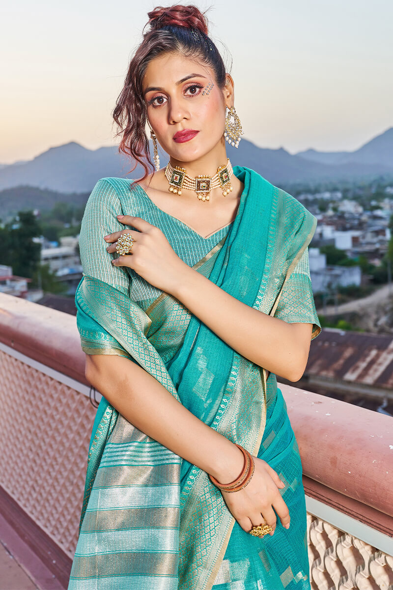 Glittering Turquoise Soft Silk Saree with Conflate Blouse Piece Bvipul