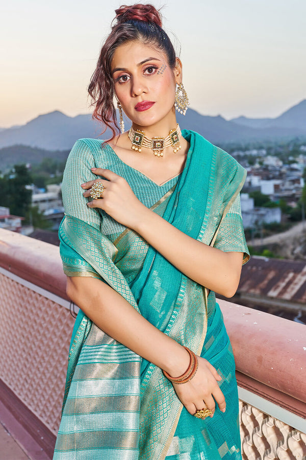 Glittering Turquoise Soft Silk Saree with Conflate Blouse Piece Bvipul
