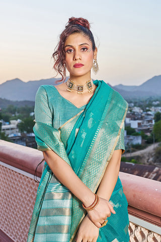 Glittering Turquoise Soft Silk Saree with Conflate Blouse Piece Bvipul