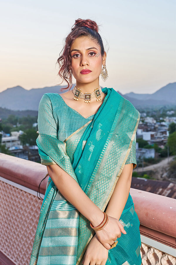 Glittering Turquoise Soft Silk Saree with Conflate Blouse Piece Bvipul