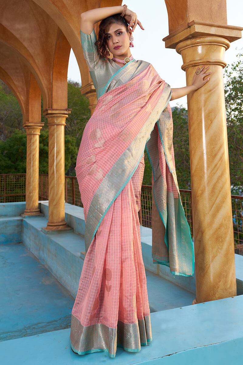 Seraglio Baby Pink Organza Silk Saree With Vestigial Blouse Piece Bvipul