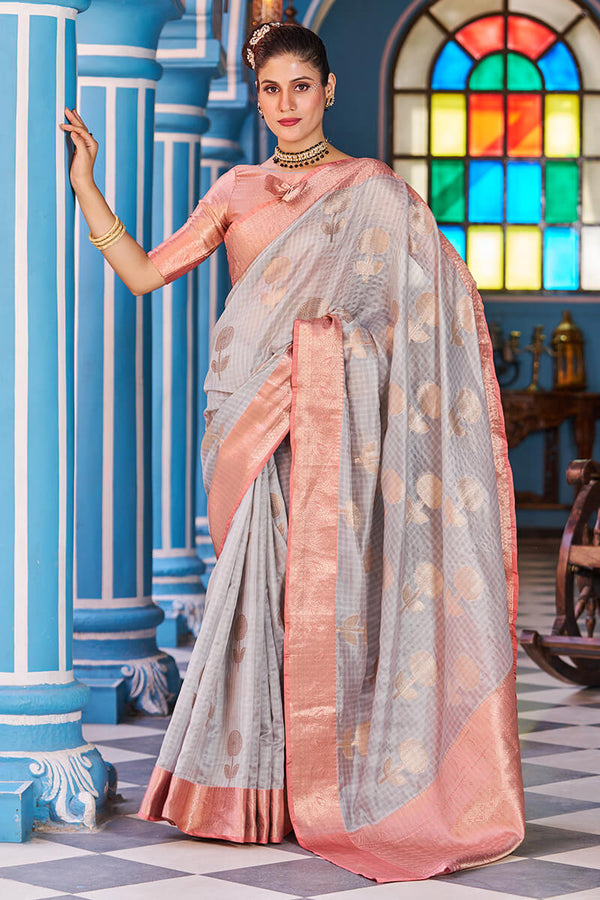 Magnetic Grey Organza Silk Saree With Confounding Blouse Piece Bvipul
