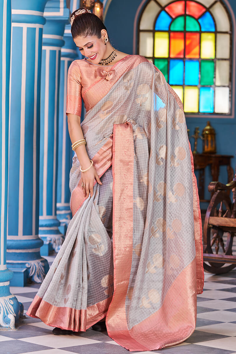 Magnetic Grey Organza Silk Saree With Confounding Blouse Piece Bvipul