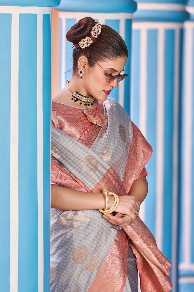 Magnetic Grey Organza Silk Saree With Confounding Blouse Piece Bvipul