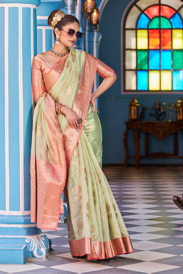 Splendiferous Pista Organza Silk Saree With Amiable Blouse Piece Bvipul