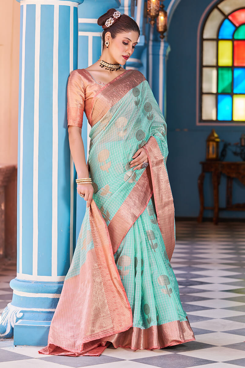 Buy Aqua Blue Saree In Organza With 3D Floral Embroidery In Thread, Zardosi  & French Knots