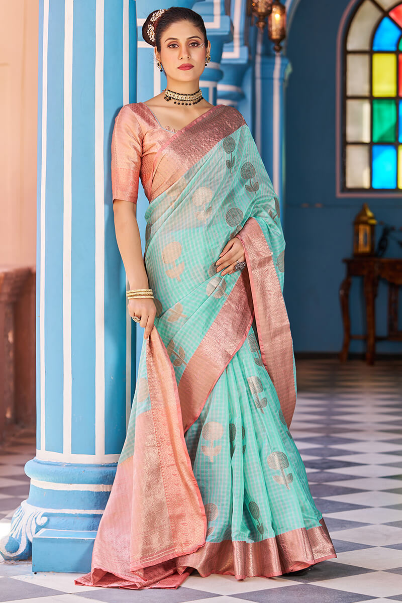 Luxuriant Sea Green Organza Silk Saree With Fantabulous Blouse Piece Bvipul