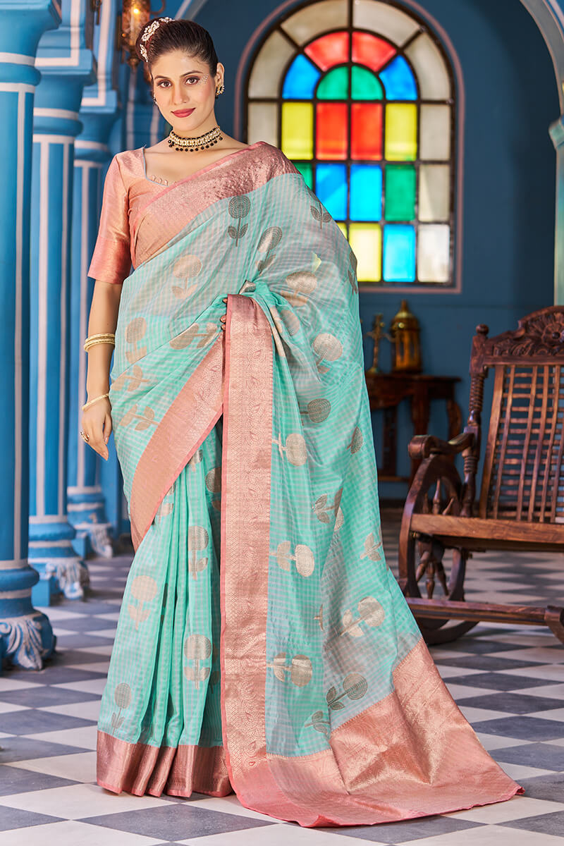 Luxuriant Sea Green Organza Silk Saree With Fantabulous Blouse Piece Bvipul
