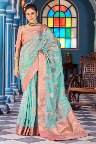 Luxuriant Sea Green Organza Silk Saree With Fantabulous Blouse Piece Bvipul