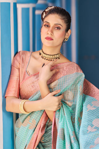 Luxuriant Sea Green Organza Silk Saree With Fantabulous Blouse Piece Bvipul