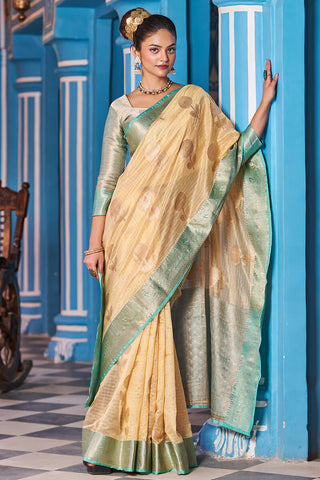 Snappy Yellow Organza Silk Saree With Luxuriant Blouse Piece Bvipul