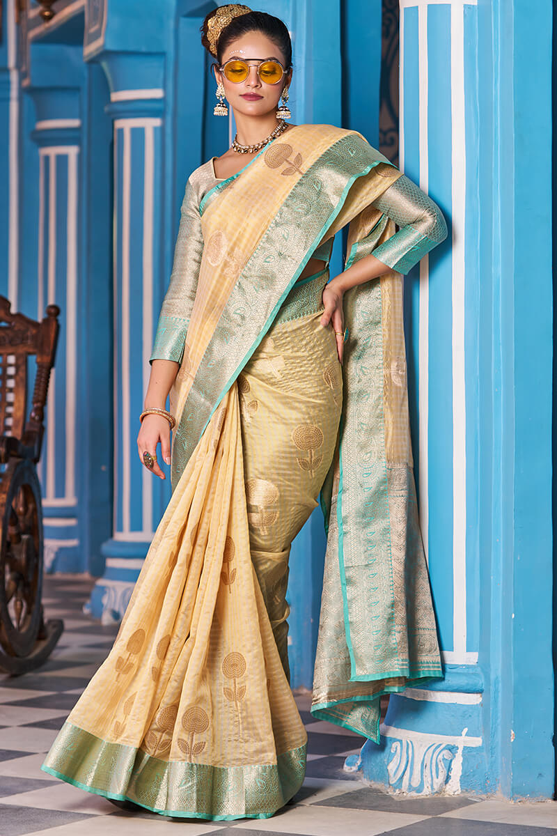 Snappy Yellow Organza Silk Saree With Luxuriant Blouse Piece Bvipul