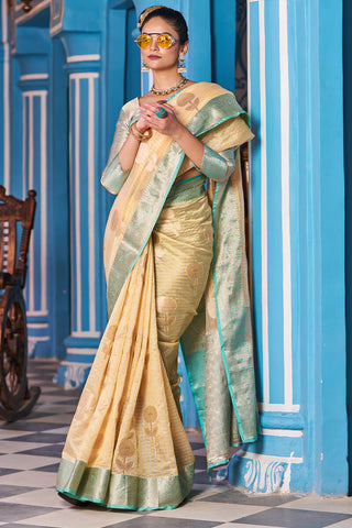 Snappy Yellow Organza Silk Saree With Luxuriant Blouse Piece Bvipul