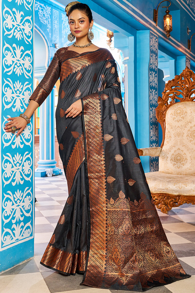 black colour silk saree at an affordable rate from Ramdhanu Ethnic