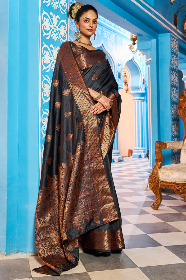 Appealing Black Banarasi Silk Saree With Desiring Blouse Piece Bvipul