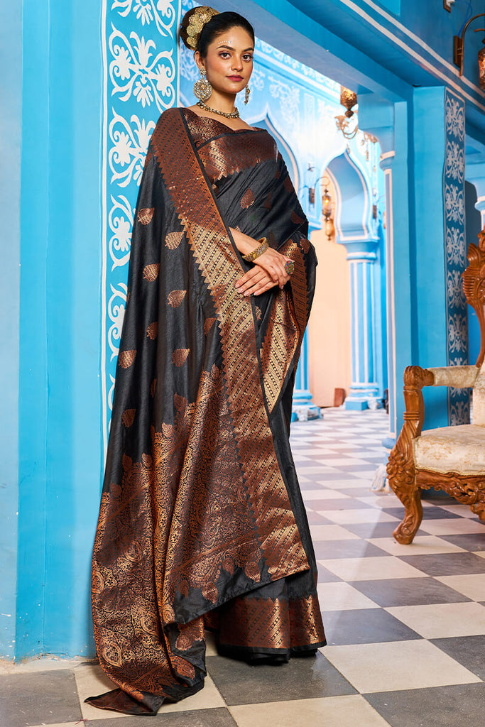 Appealing Black Banarasi Silk Saree With Desiring Blouse Piece Bvipul