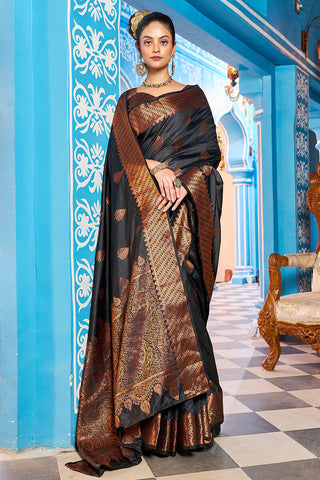 Appealing Black Banarasi Silk Saree With Desiring Blouse Piece Bvipul