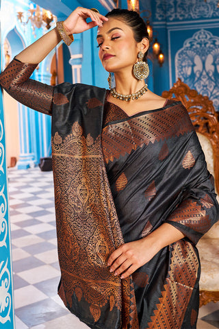 Appealing Black Banarasi Silk Saree With Desiring Blouse Piece Bvipul