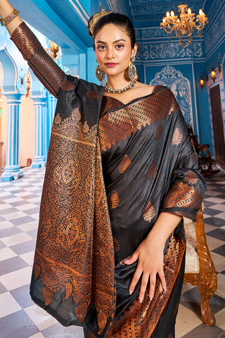 Appealing Black Banarasi Silk Saree With Desiring Blouse Piece Bvipul