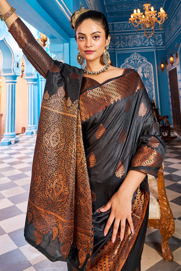 Appealing Black Banarasi Silk Saree With Desiring Blouse Piece Bvipul